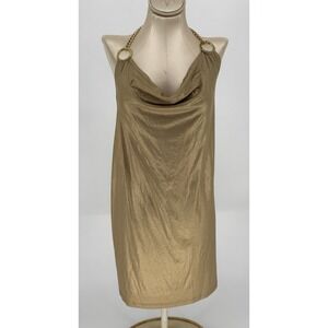 Body Central Y2K Gold Metallic Mini Dress Cowl Neck Chain Strap Versace Look M